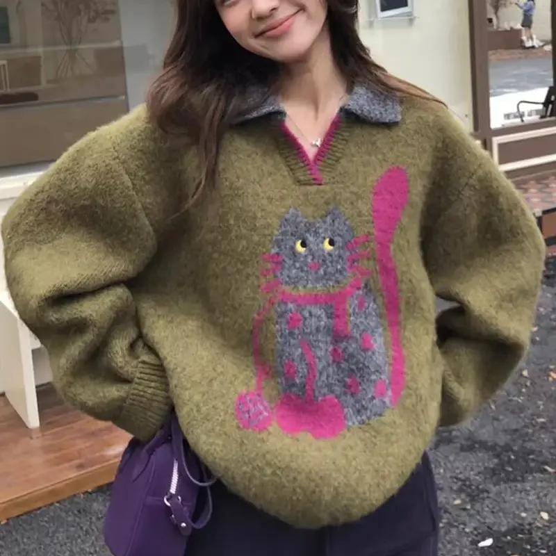 Pullover für Damen Winter Baumwolle Verdickt Warmer Strick Dehnbar Langarm Oversize Jumper Pullover Tops