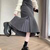 Women's Gray Wool Plaid Pleated A-Line Skirt - High Waist, Mid-Length, Slimming, with Slit for Autumn/Winter