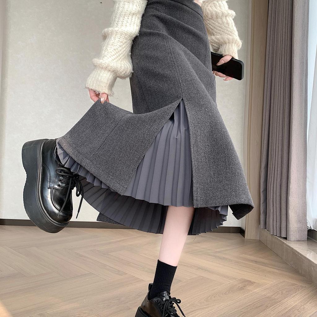 Women's Gray Wool Plaid Pleated A-Line Skirt - High Waist, Mid-Length, Slimming, with Slit for Autumn/Winter