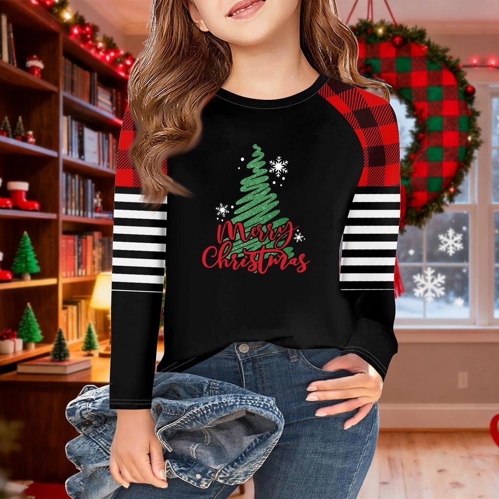 Girls Long Sleeve Christmas Day T Shirts Kids Fall Tops Crewneck Basic Tees 5-14Y