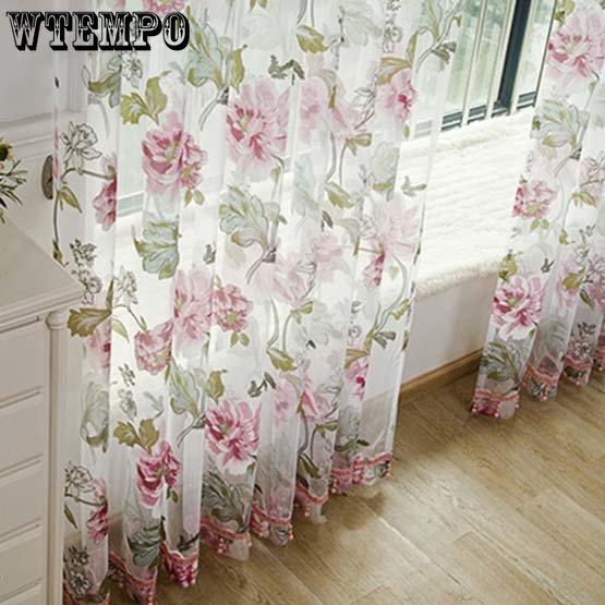 2PCS Pastoral Style Big Peony Custom Window Screen Perforated Finished Curtains with Gauze Living Room Bedroom Balcony Window Decoration Curtains