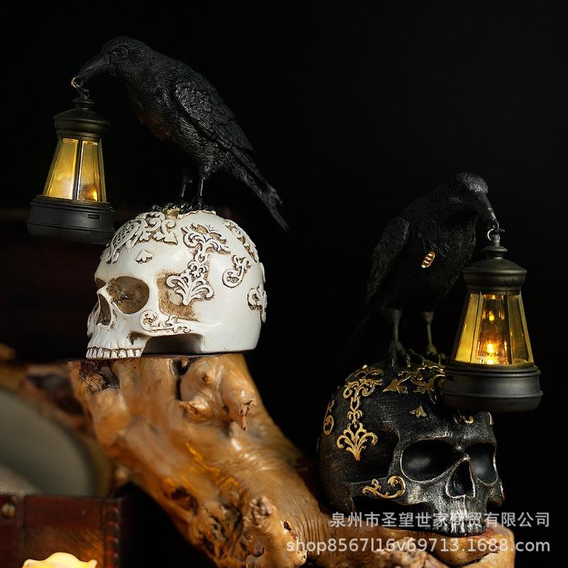 New Halloween Crow Ornament Vintage Desktop Skull Prop Resin Ornament Solar Ghost Day Decoration