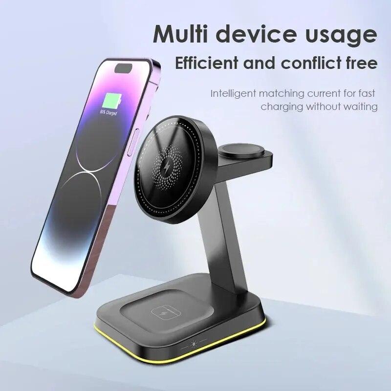 3 In 1 Wireless Charger Stand Pad LED Light 15W Fast Charging Station Dock for Macsafe iPhone 15 14 13 12 Pro Max IWatch 9 8 7 6