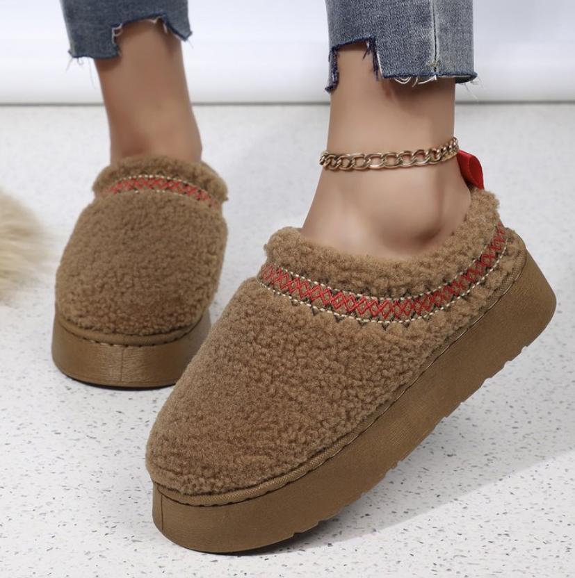Winter Ankle Boots Women Fleece-Lined Warm Thick-Soled No-Heel Cotton Shoes Half Drag Shoes with Fur Lining for Snowy Landscape