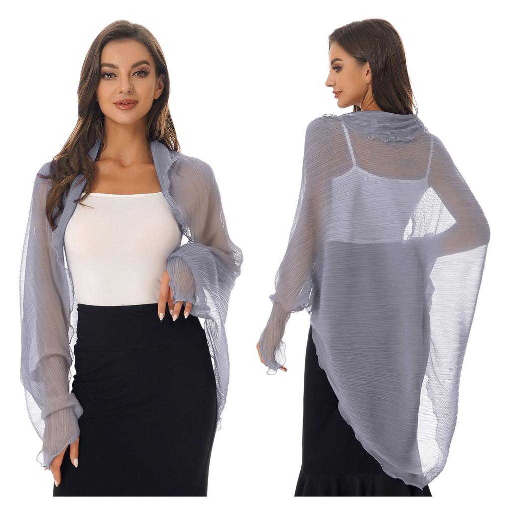 Womens Summer Chiffon Shawl Casual Long Sleeve Sun Protection Tops Open Front Shawl Wraps Scarf Driving Cover Ups Beachwear New