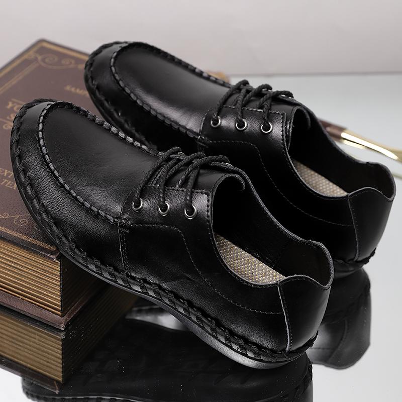 Men's Lacing Moccasins Driving Shoes Casual Loafers Retro Handmade Black Wide Shoes for Father Large Size