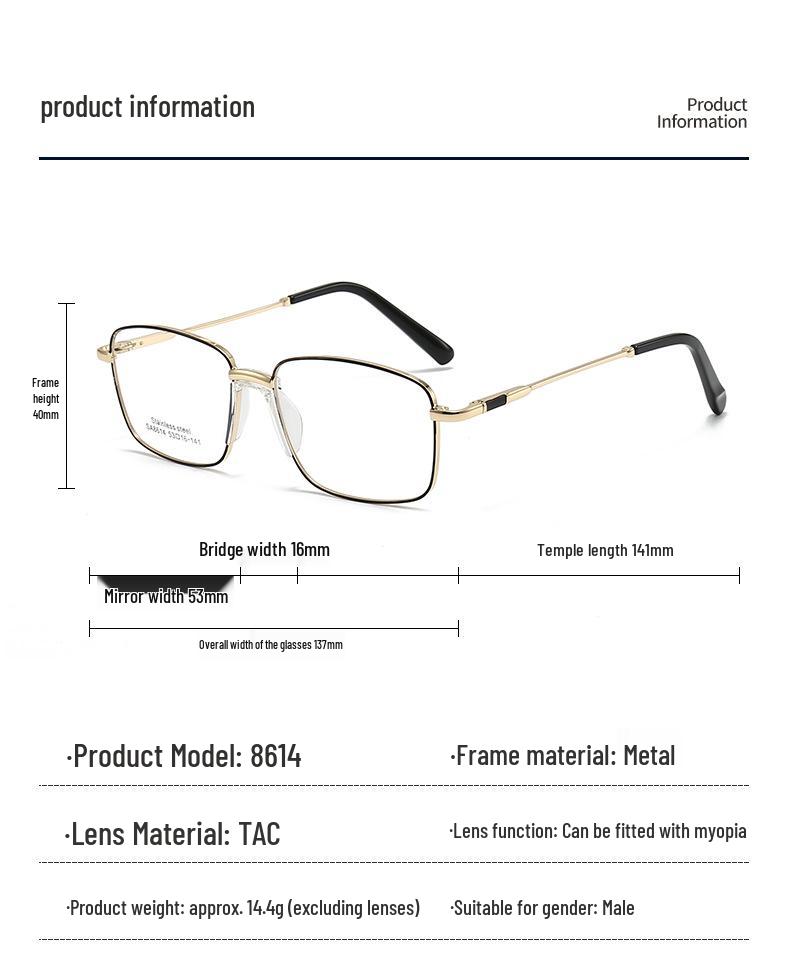 Ultra-light Men's Stainless Steel Square Eyeglasses Frame, Myopia-Compatible, Multiple Colors, 2026 Model