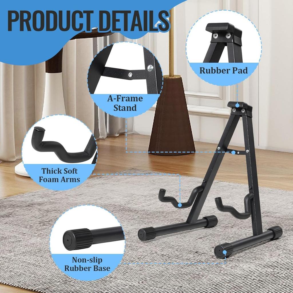 Folding Guitar Stand for and Ukulele Portable Holder with Rubber Feet and Soft Foam A-frame Acoustic, Electric, Bass, - Non-slip Arms.