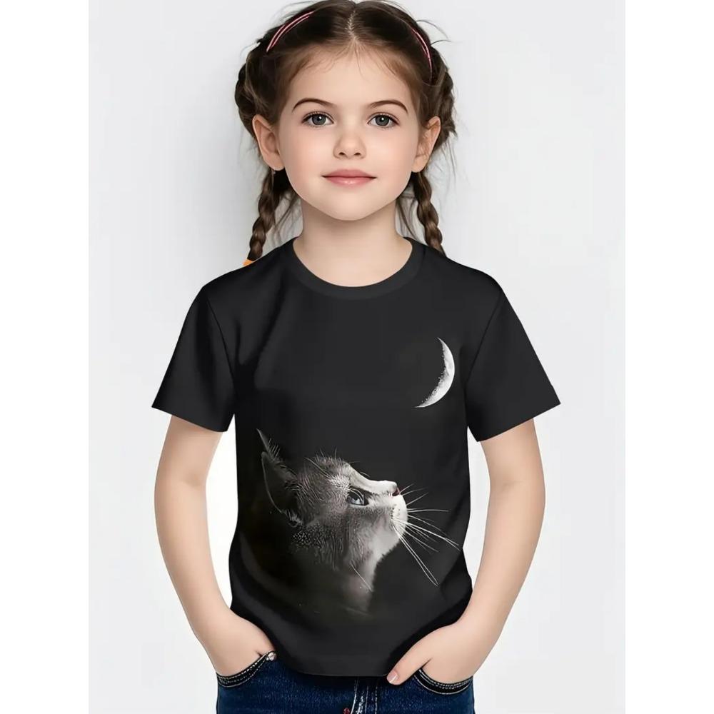 Cool Cat Girl Clothes Fashion Animal Print Summer Short Sleeve Tee Casual Loose Kids Top Outdoor Comfortable Children's Clothing