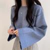 Korean Chic Long-Sleeve Knit Sweater: Women's Petite, Loose, Round Neck, Solid Color, Early Spring Style.
