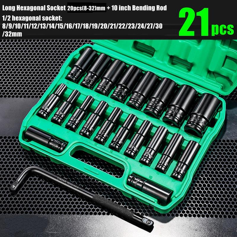 1/2 Sleeve Combination Drive Extended Socket Hexagonal Impact Sleeve Set with Portable Storage Case 8-32mm Torque for Car Repair