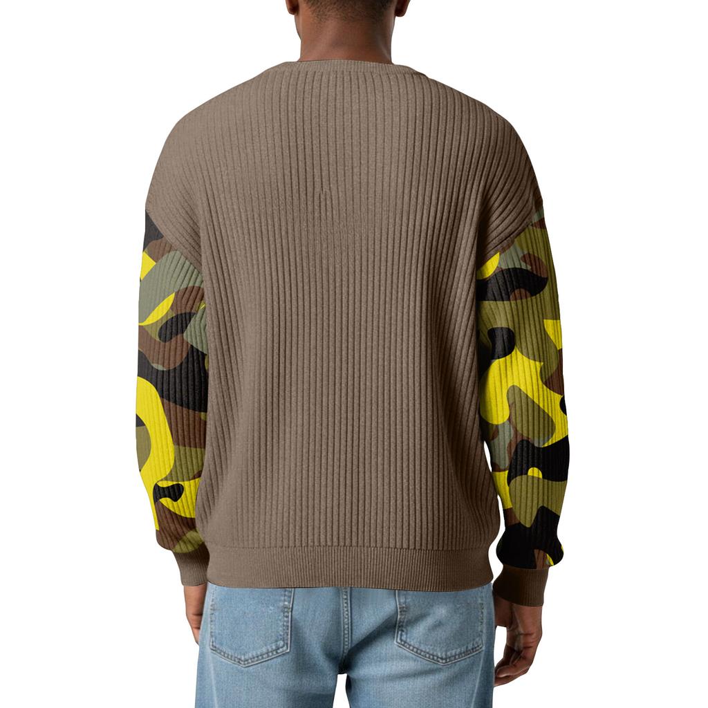 Men's Camouflage Stylish V-Neck Ribbed Textured Long-Sleeve T-Shirt