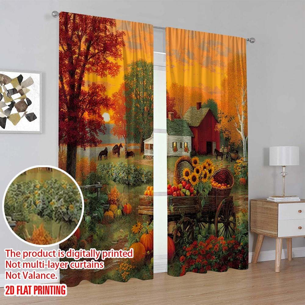 Set Of 2 Flat Printing St Patrick Day Curtain Red Barn Pumpkin Cart Orange Autumn Fabric Without Electricity Festive Made Polyester
