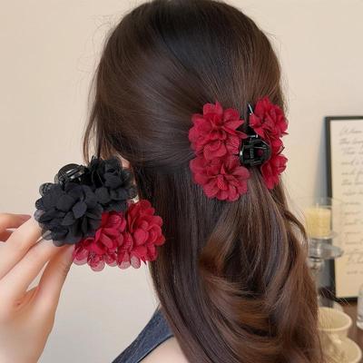 Fabric Rose Hair Claw Women Elegant Ponytail Clip Sweet Flowers Hair Clips Crab Claw Headdress Hair Accessories