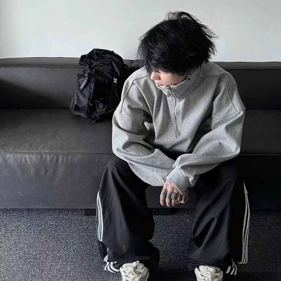 Men's Retro Half-Zip Stand Collar Hoodie - Spring/Autumn Trendy Heavyweight Streetwear Loose Pullover