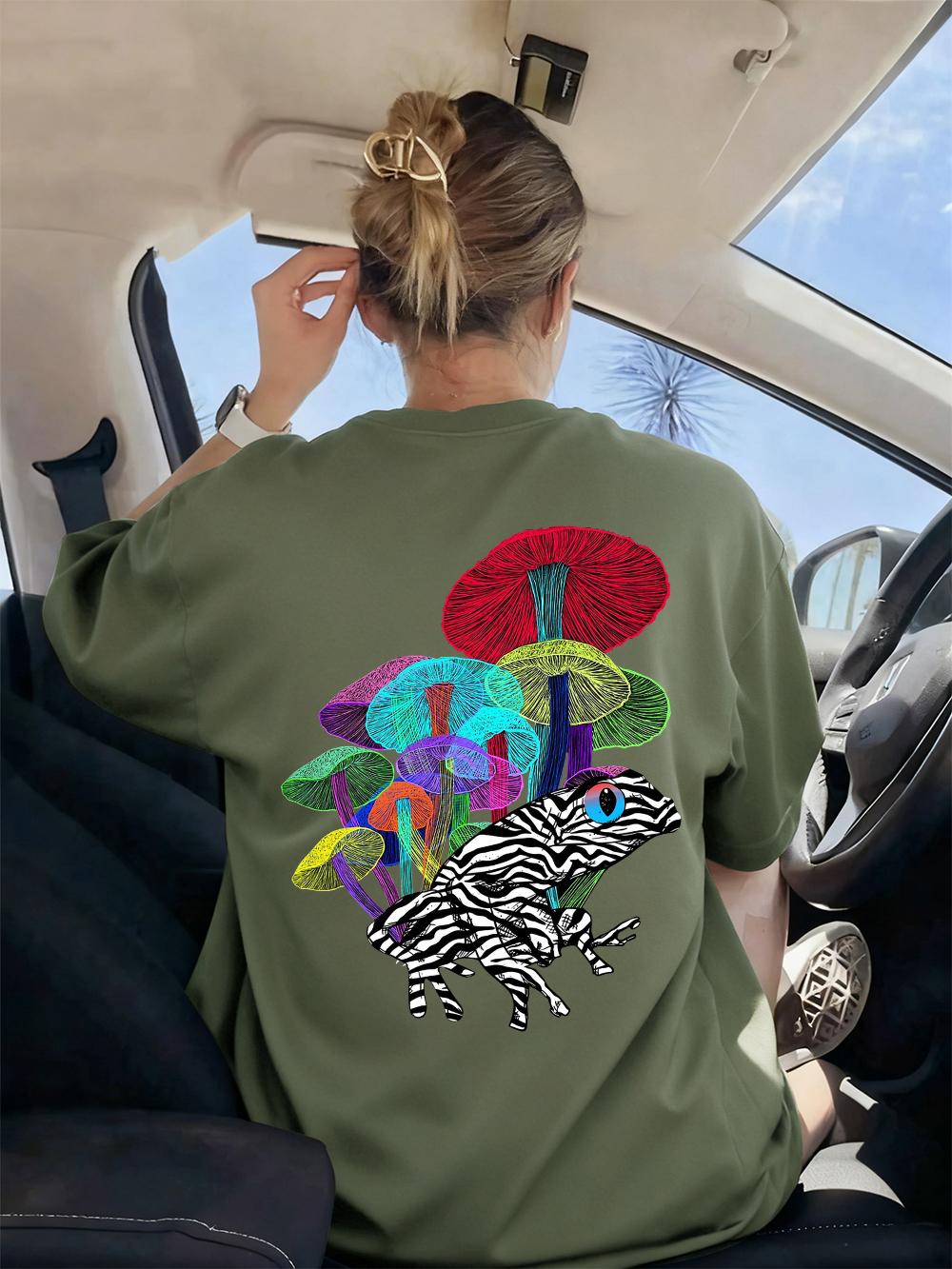 

Frog With Mushrooms Printed TShirt Womens Casual ONeck T Shirts Comfortable Loose Short Sleeve Tops Summer Soft Woman Clothes S