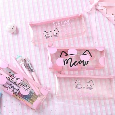Cute Cat Pencil Cases for Girls Pink Transparent Pen Bag School Supplies Stationery Pouch Pencil Box