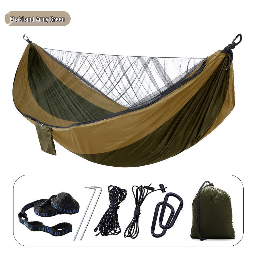 Army Green Mosquito-Proof Quick-Open Camping Hammock, Extended 290x140, Multi-Purpose Outdoor Net Hammock