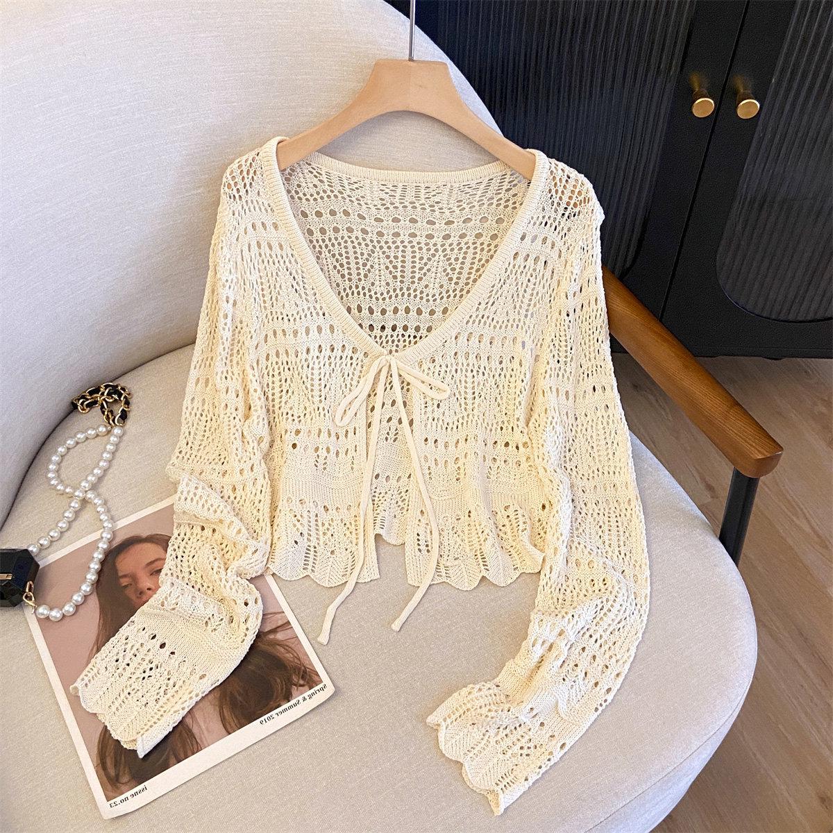 

2026 Spring V-neck Lace-up Long Sleeve Crochet Cardigan Shawl for Women One Size абрикосовый