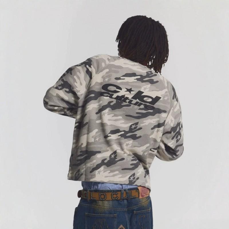 Womens Vintage Camo Sweatshirt Waffle Knit Long Sleeve T-Shirt Star Letter Print Crew Neck Loose Fit Streetwear