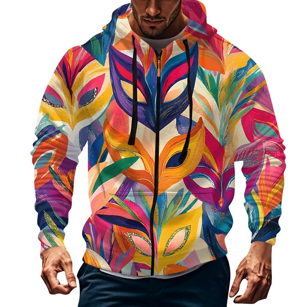 Men's Sports Casual Fleece Hoodie Carnival Print Hoodie Cardigan Zipper Multi-pocket Hoodie Coat