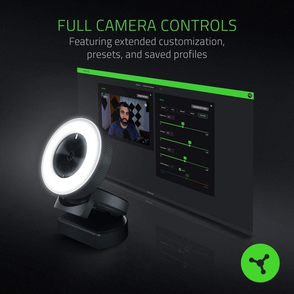 Razer Kiyo Webcam with Ring Light Autofocus Vertical Angle Adjustment Compatible with Windows OBS 1080p/30FPS 720p/60FPS