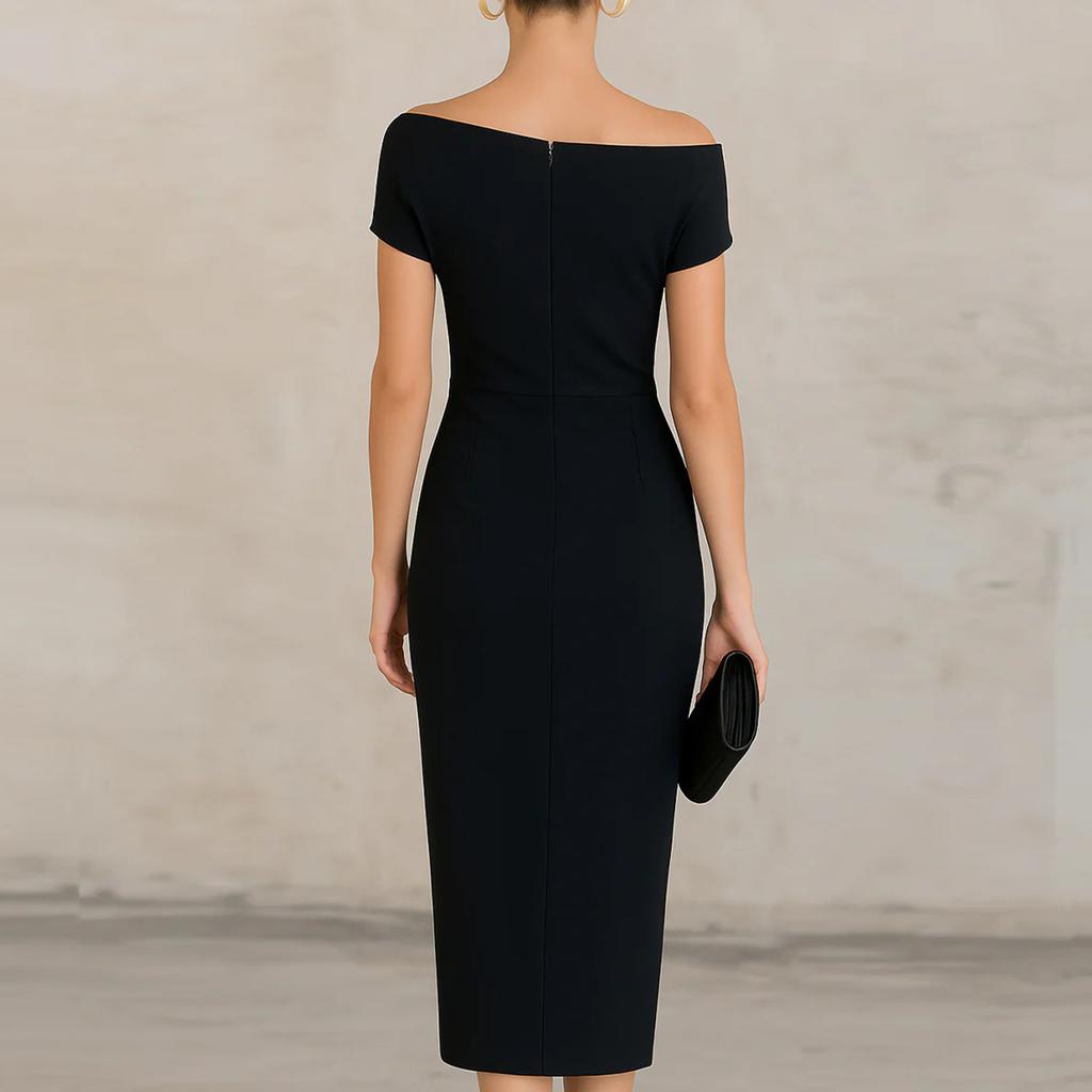 Women’s Off Shoulder Midi Dress Asymmetrical Hem Ruched Bodycon Elegant Cocktail Party Dress for Formal Events