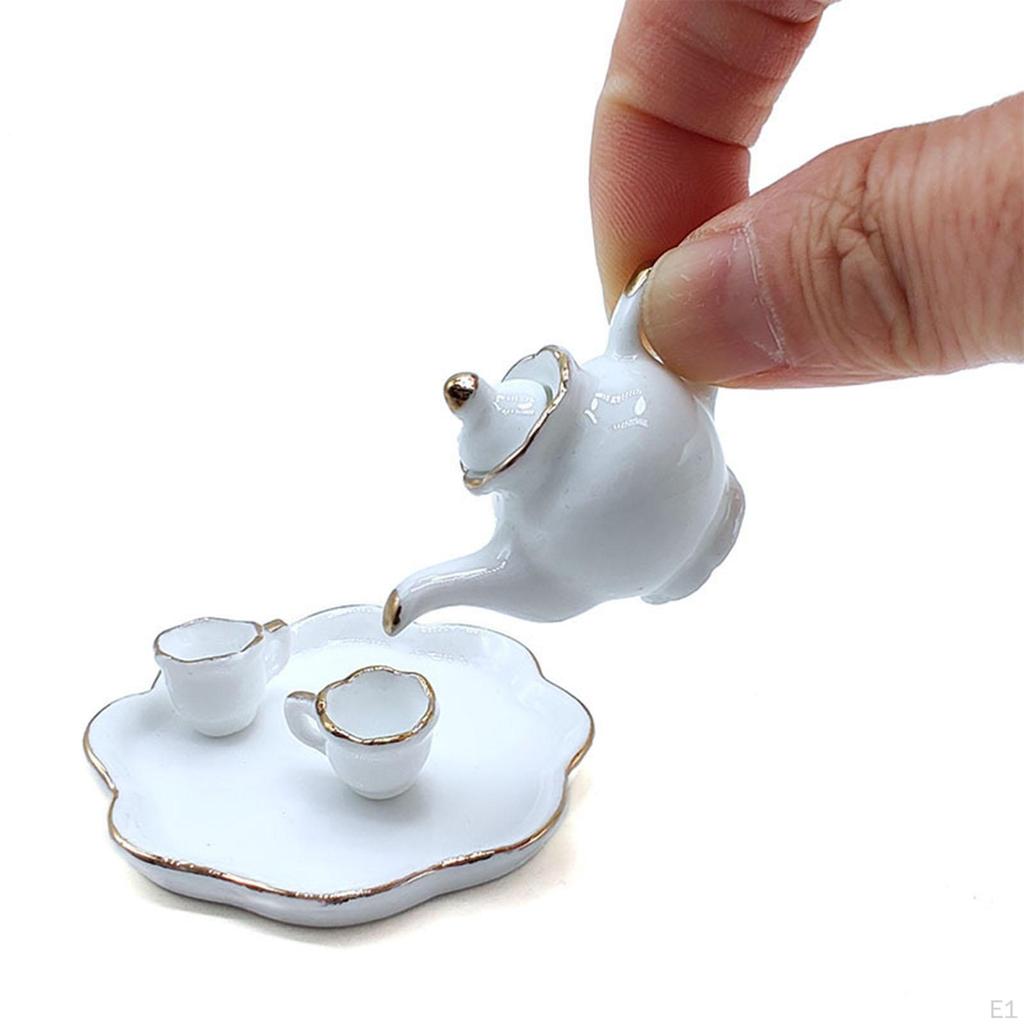 Set Dollhouse Miniature Dining Ware Ceramics Tea Plate Mug Pot Tableware Mini Kitchen Decor