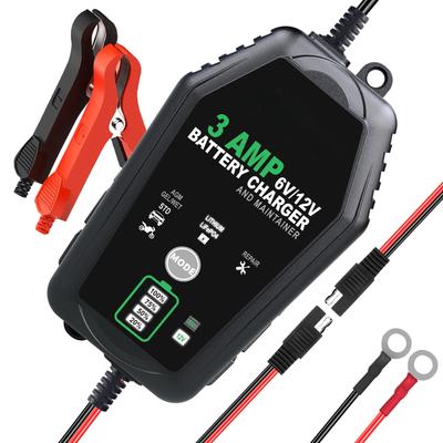 Chargeur et mainteneur de batterie intelligent entièrement automatique 3000mA 6V 12V pour voiture, moto, charge lente, lithium LiFePO4, batterie plomb-acide