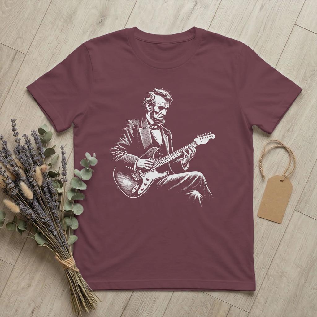 Unisexs TShirts Abraham Lincoln Playing Electric Guitar Funny Vintage Cotton Tee Short Sleeve T Shirts Crewneck Merch Printing
