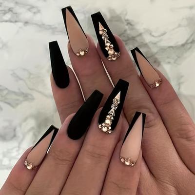 24 pezzi unghie finte lunghe di lusso con strass punte francesi nere premere sulle unghie finte naturali copertura completa bara unghie finte artificiali ails