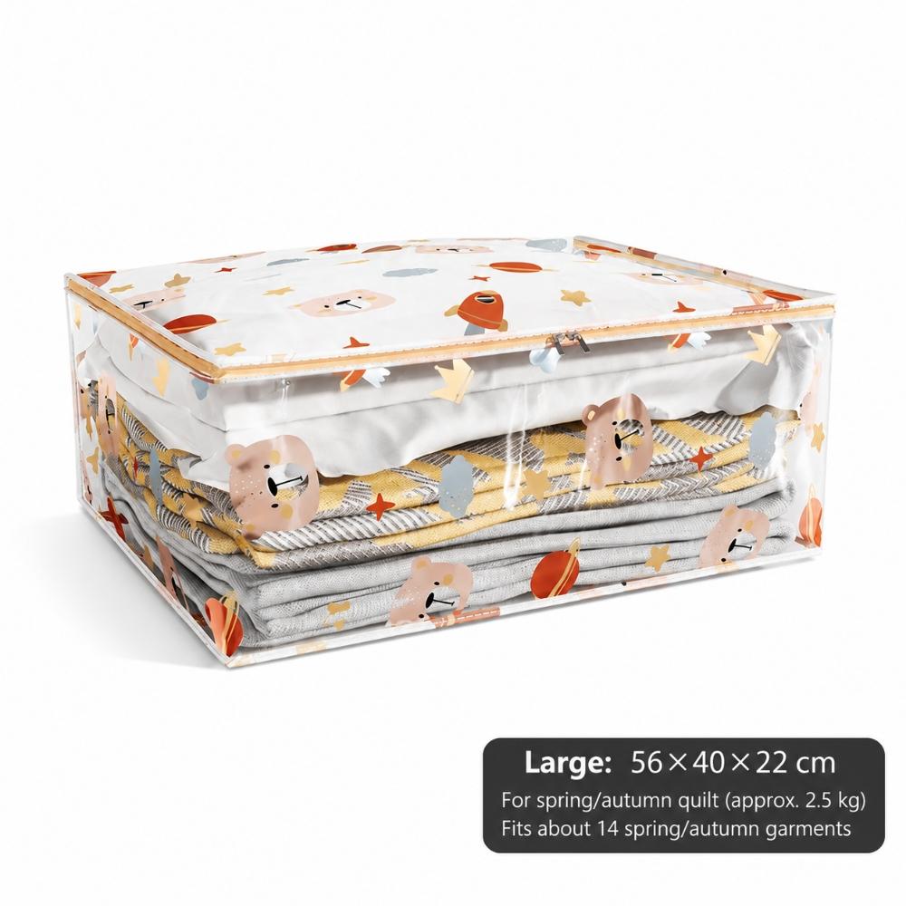 PEVA Transparent Zipper Storage Bag For Quilts, Blankets And Clothes, Cartoon Print Organizer For Bedroom Wardrobe And Closet, Three Sizes