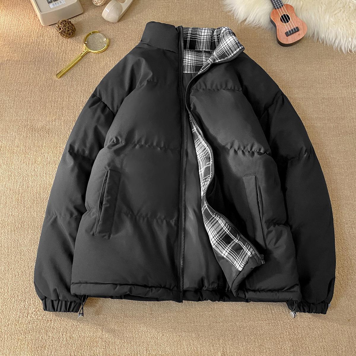 

Men s Black Plaid Patchwork Cotton Puffer Jacket, Stand Collar, Autumn/Winter Trendy Outerwear for Teenagers. M чорний