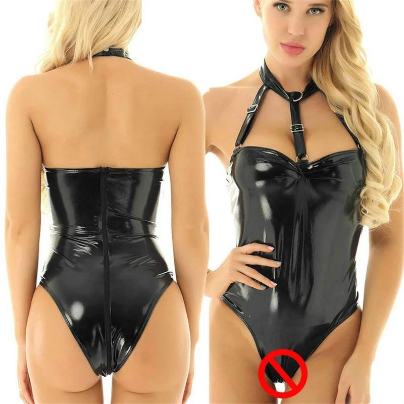 Erotic Sexy Crotchless Latex Lingerie Fishnet Clothing Open Crotch Jumpsuit Patent Leather Breast Exposing Bodysuit Lingerie
