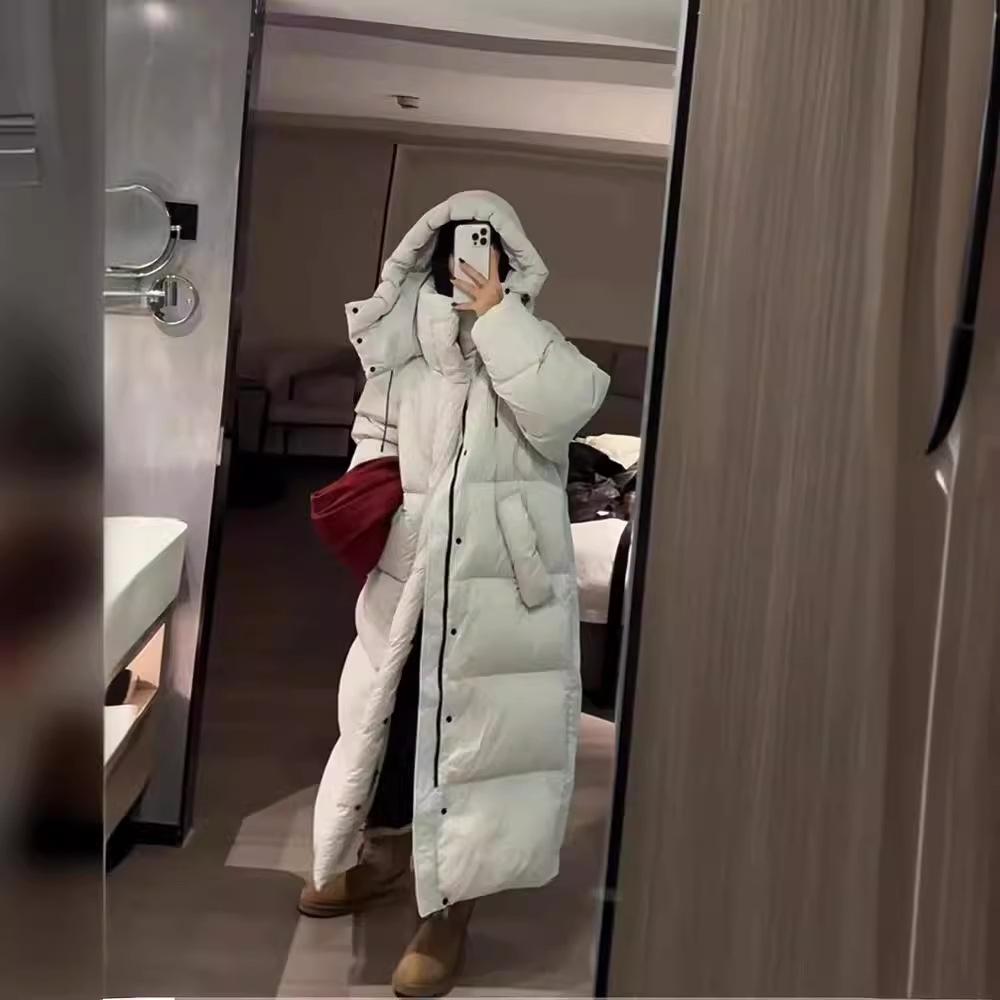 Winter new down jacket women's extended super thick knee hooded long European and American loose warm white duck down jacket