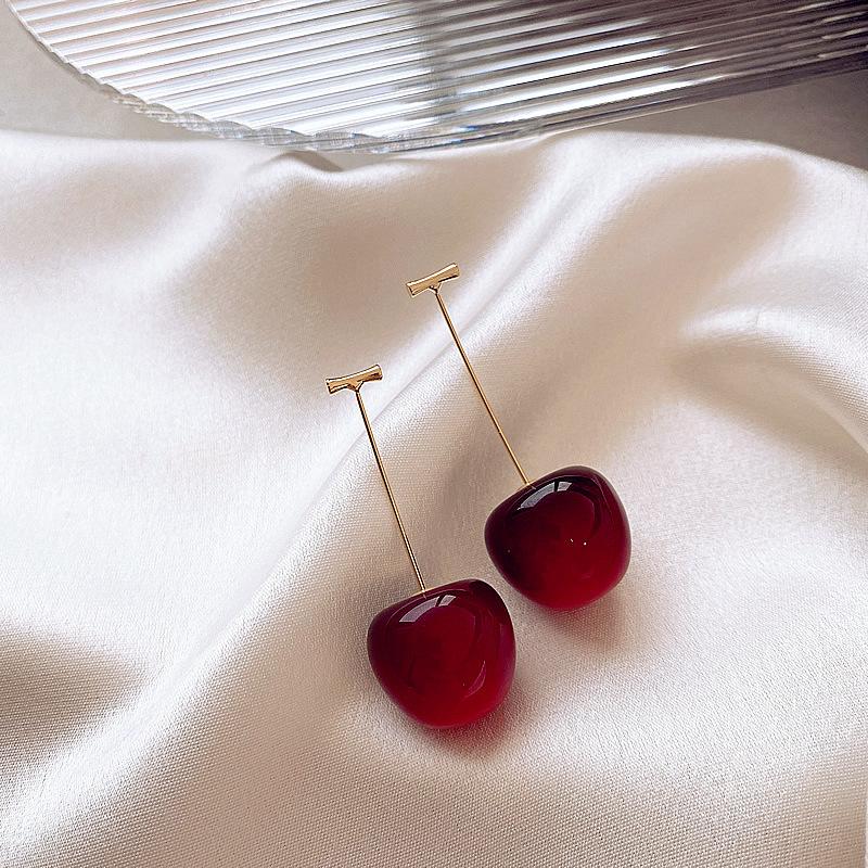 Sweet Red Cherry Earrings Ladies Fashion Delicate Fruit Design Drop Dangle Earrings Wedding Party Korean Ear Jewelry Gift K0