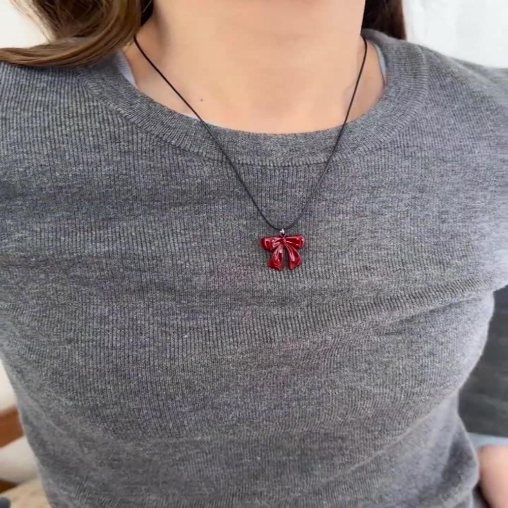 Leather Rope Clavicle Chain Bow Red Necklace Y2K Sweater Chain  For Women Girls