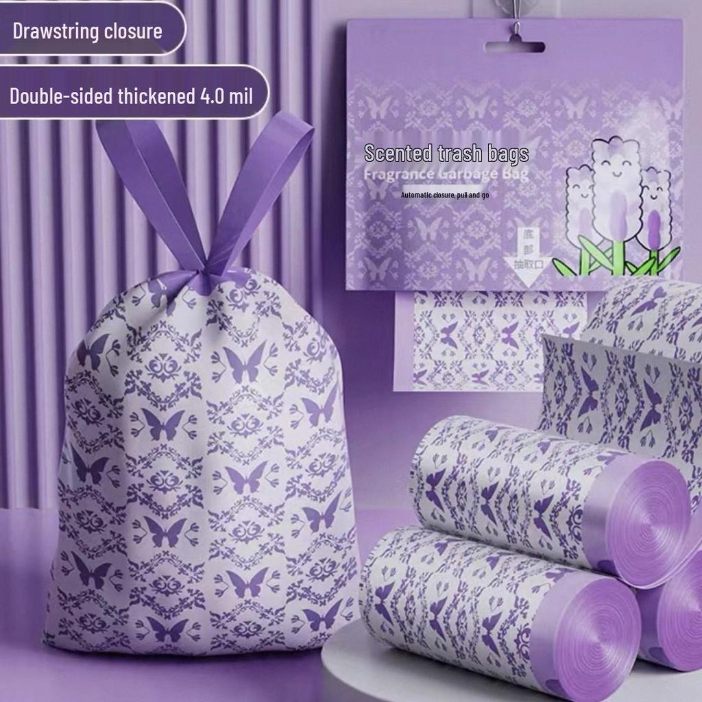 Extra Thick Lavender Handheld Trash Bags with Leak-Proof Design, Enlarged Drawstring, No Tearing, Kitchen Specific, Large Size.