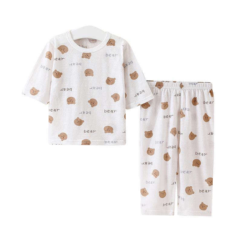 Children's Summer Cotton Pajama Set - Cartoon Print, Tagless, 3/4 Sleeves, for Air-conditioned Rooms