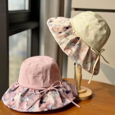 Summer Travel Big Brimmed Fisherman Hat, Women's Printed Bow Sun Hat Face Covering Beach Hat Sun Hat UV Protection