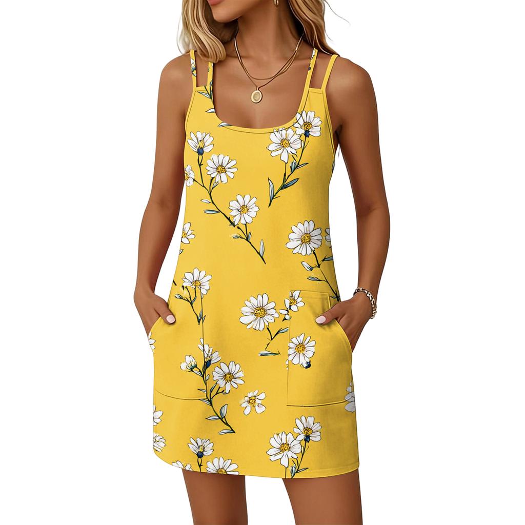 Women's Fashion Casual Floral Print Dress Double Sling Pocket Dress