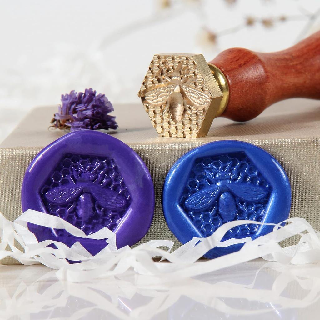 Wax Seal Stamp Kit 3D Bee Stamp with Vintage Wooden Handle for Envelopes Wedding Bottle, Sealing Wax Stamps with Deep-Relief Patterns Beeswax Wrap