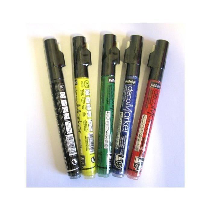 Lot de 5 marqueurs 'Pébéo - DecoMarker' Noir/Jaune/Rouge/Bleu/Vert 1.2 mm