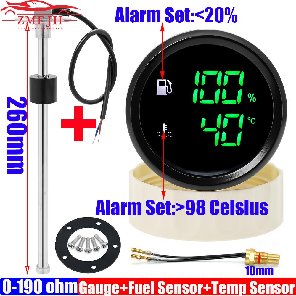 Z Multi Digital Dual 52mm Gauge Fuel Level+Water Temperature Gauge 2 In 1 with Alarm Fuel Level Sensor 260mm Water Temp Sensor 260MM