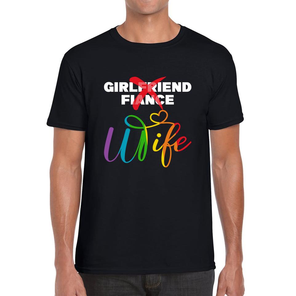 

LGBTQ Girlfriend Fiance Wife Rainbow Pride Bachelorette Party Wedding Bridal Party Mens Tee Top XL