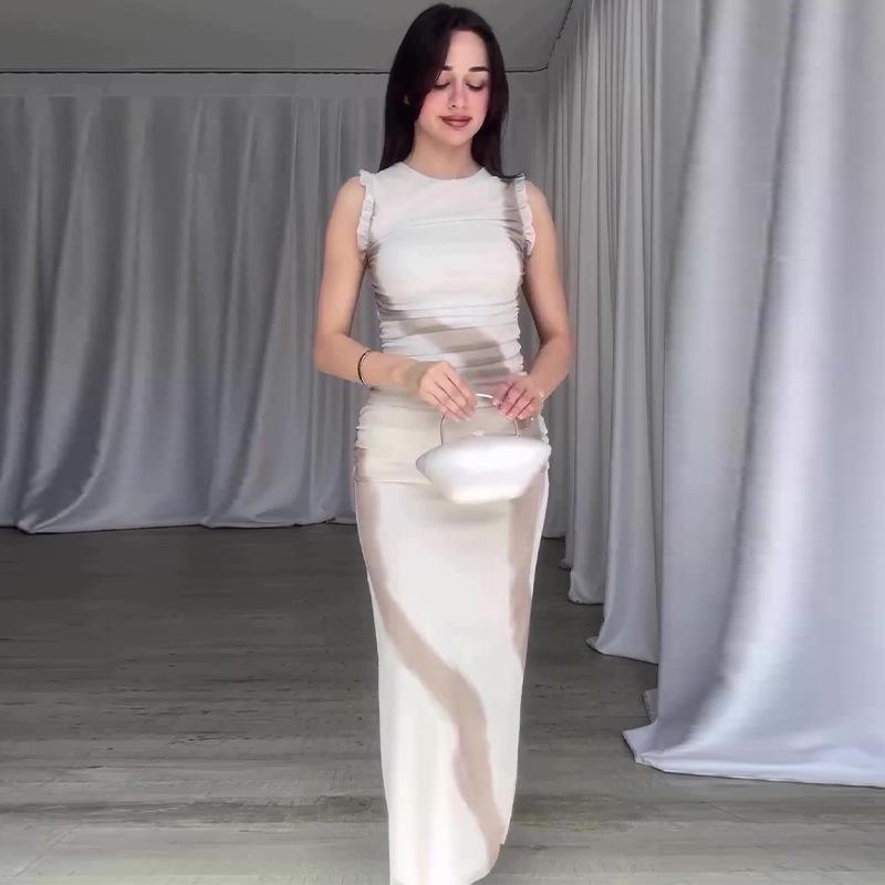 

Летнее облегающее платье без рукавов в стиле колор-блок, европейский и американский стиль, 2024 XS белый