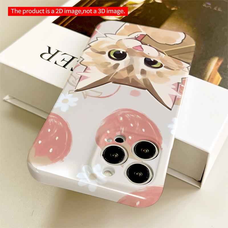 2DFlat Strawberry Flower Cat Phone Case All inclusive film hard iPhone case, compatible with iPhone 18 Pro Max 17 16 15 14 13 12 11
