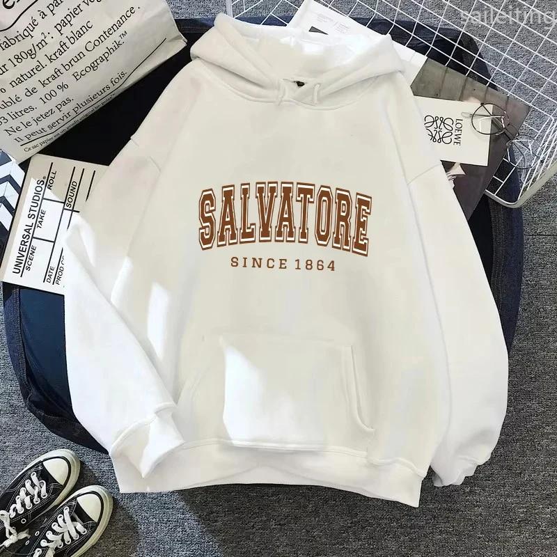 Salvatore Bedruckter Hoodie Vampire Diaries Pullover Vintage Rundhals Kängurutasche Fans Top Ästhetische Kleidung Winterkleidung Damen