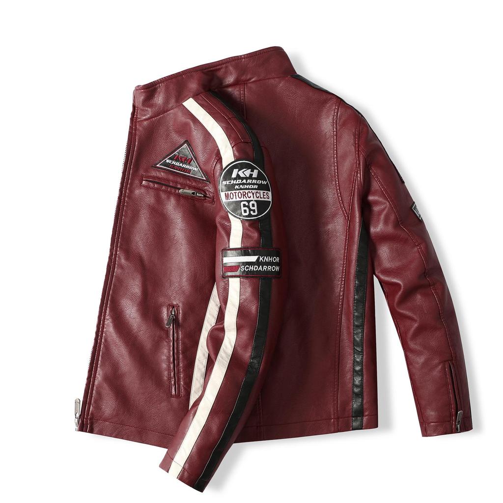 Men's Color Block PU Leather Jacket with Fleece Lining, Motorcycle Racing Style