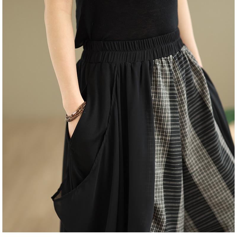 DIMANAF 2026 Estate Spiaggia Taglie Forti Pantaloni Lunghi Donna Vita Elastica Larghi Vintage Casual Pantaloni Pantaloni Fondo Quadri Nero